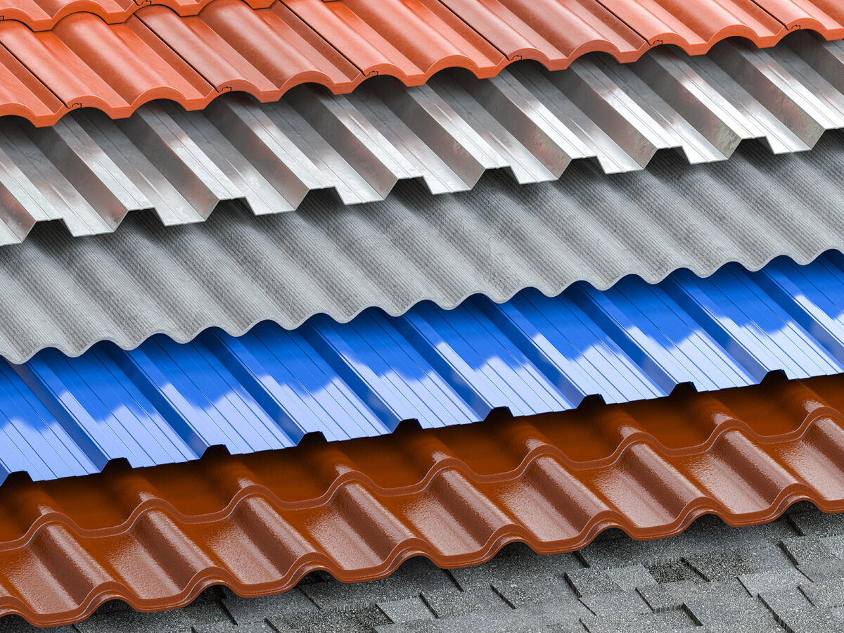 different types of roofing material stacked on top of each other, metal roofing, shingles, asphalt, clay.